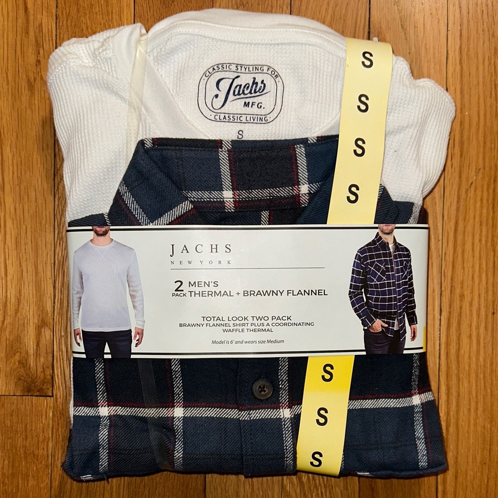 Jachs White Thermal and Blue Plaid Flannel Set